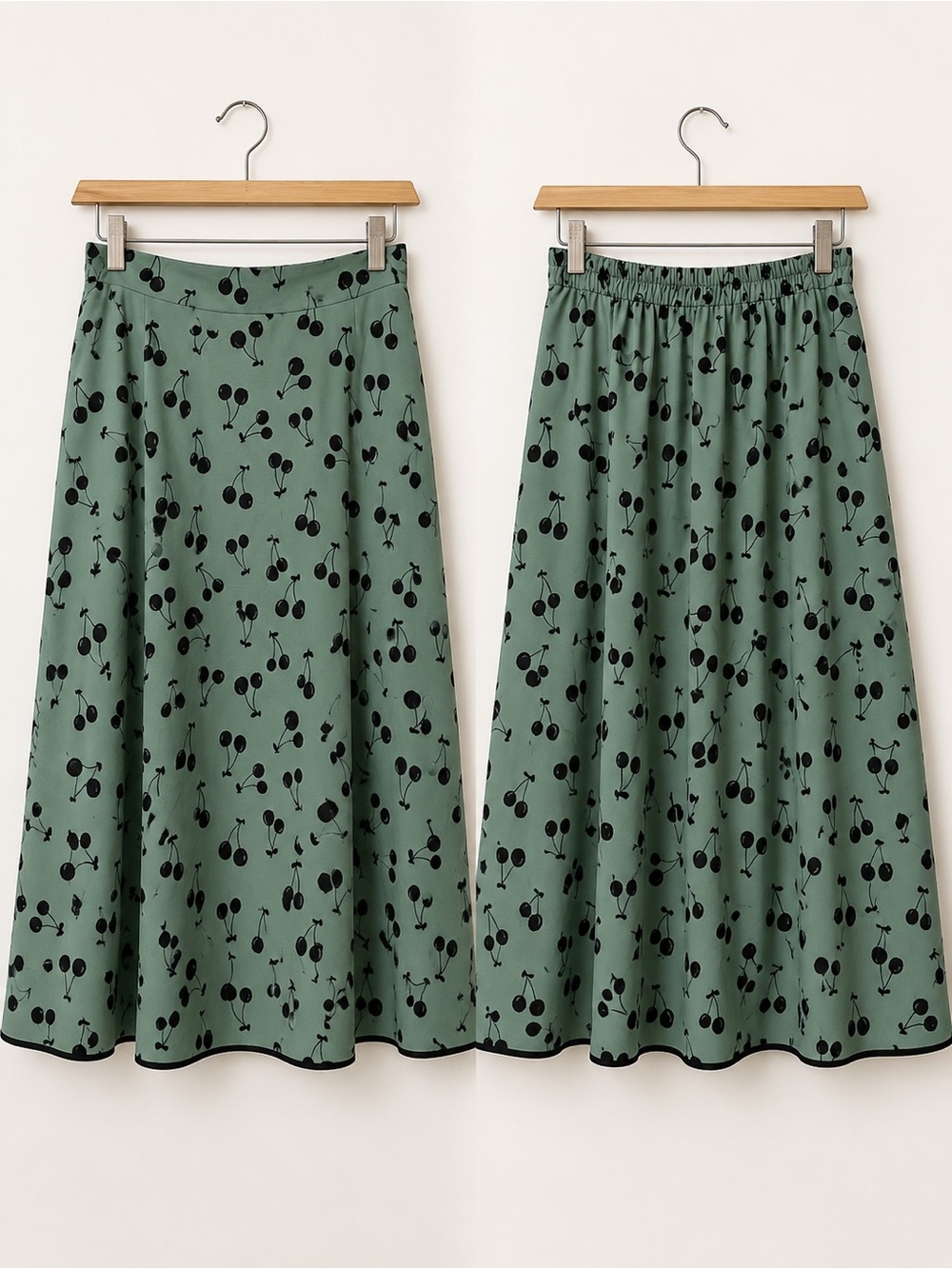 NWT Tulip B Rare Vintage Inspired High-Waist Green Black Cherry-Print Midi Skirt - Picture 4 of 8